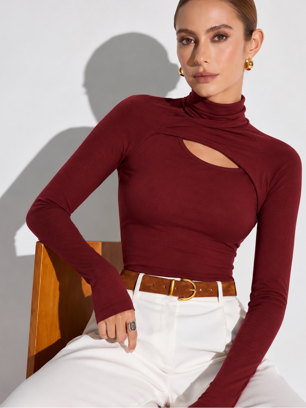 Burgundy Stretch Turtleneck Top with Chest Cutout Detail Size S